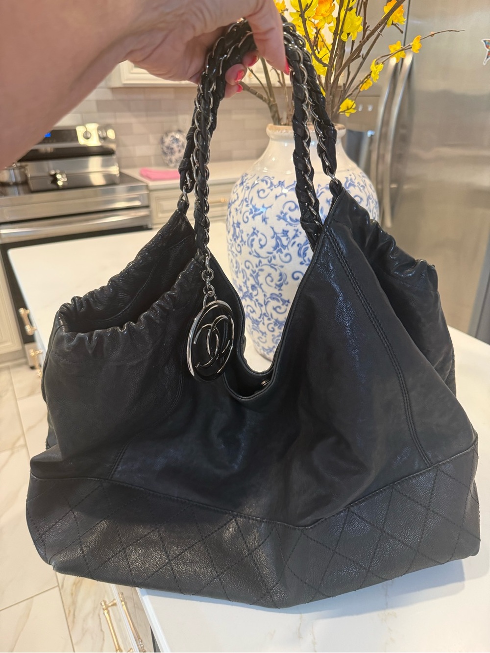 CHANEL Black Cabas Leather Shoulder Tote with  Large Silver CC charm
